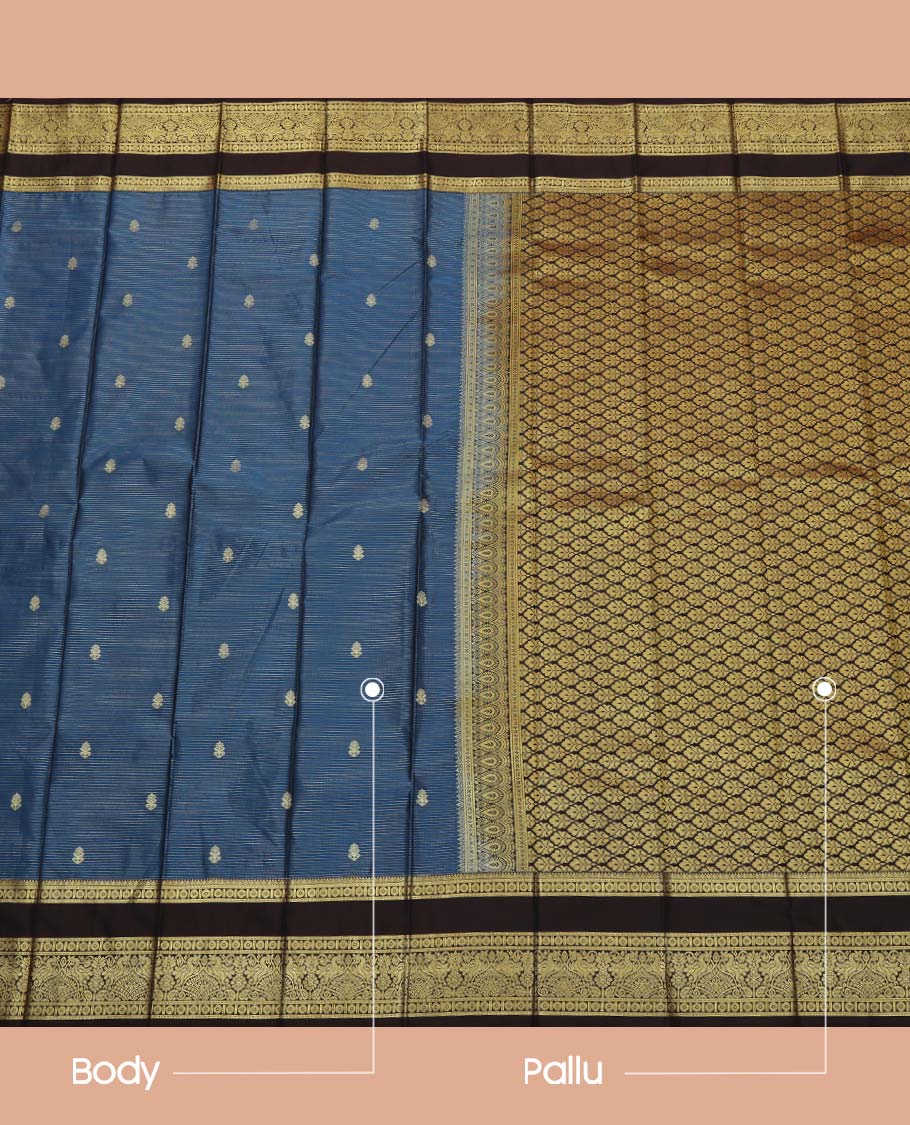 Blue Budget Silk Saree, Ornamented with Zari Buttas and Stripes on Its Body, Complemented by a Contrast Traditional Zari Design Rettai Pettu Border, Intricately Designed Pallu, and Paired with a Contrast Blouse - Image 3
