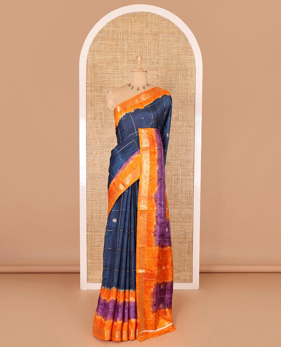 Blue buttas enclosed checked dola silk saree, contrast shibori print with traditional zari border, buttas enclosed checked pallu, and a contrast buttas enclosed checked blouse - Image 2
