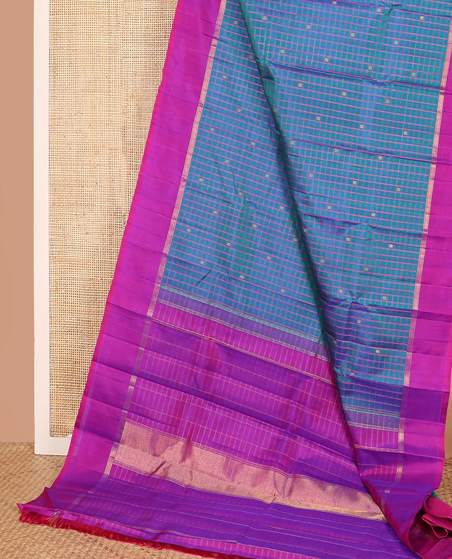 Blue checked and zari buttas Kanchipuram silk saree, contrast kal erangina border, and zari design pallu - Image 3