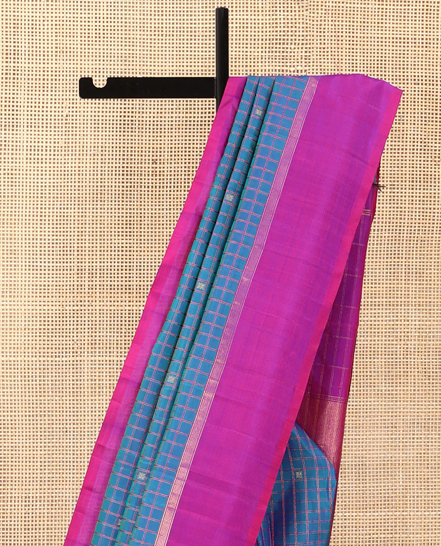 Blue checked and zari buttas Kanchipuram silk saree, contrast kal erangina border, and zari design pallu - Image 4