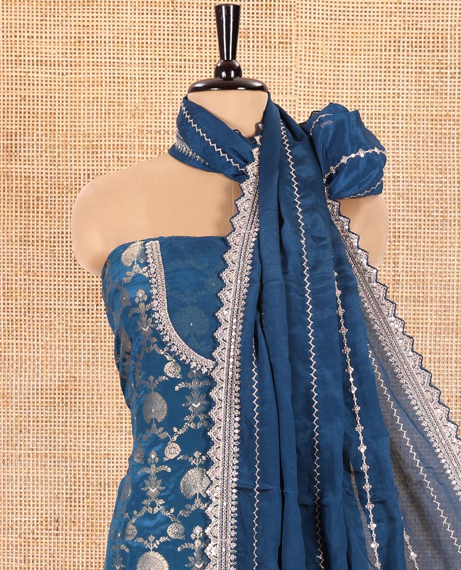 Blue Chudidar Set Mesmerized with Floral Jaal Jacquard Design Viscose Chinon Unstitched Top, Readymade Free Size Sharara Pants, and a Chinon Embroidered Scallop-Bordered Dupatta - Image 3