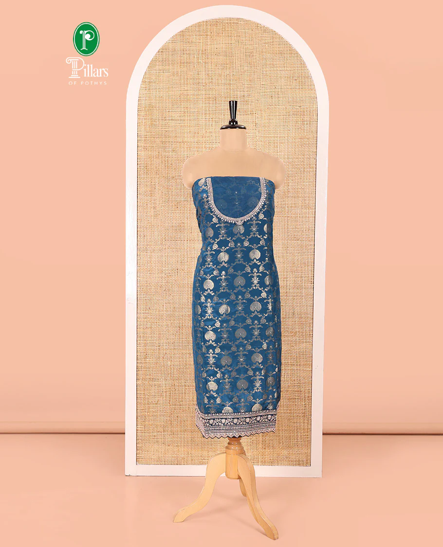 Blue Chudidar Set Mesmerized with Floral Jaal Jacquard Design Viscose Chinon Unstitched Top, Readymade Free Size Sharara Pants, and a Chinon Embroidered Scallop-Bordered Dupatta - Image 4