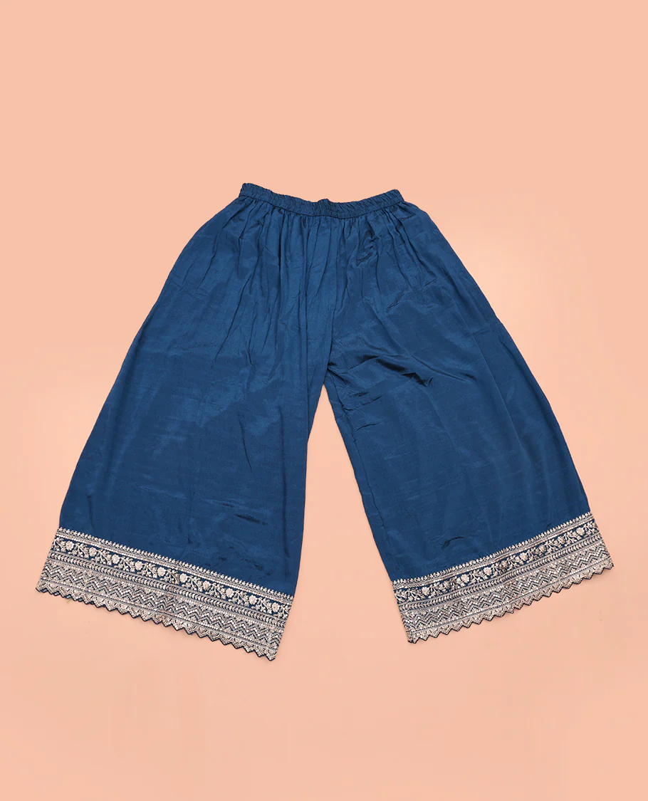 Blue Chudidar Set Mesmerized with Floral Jaal Jacquard Design Viscose Chinon Unstitched Top, Readymade Free Size Sharara Pants, and a Chinon Embroidered Scallop-Bordered Dupatta - Image 5