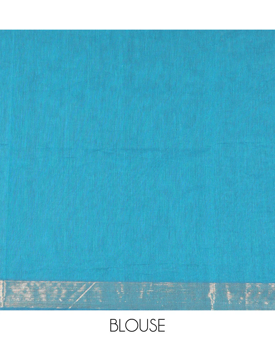 Blue Coimbatore Cotton Saree Delicately Designed with Stripes, Checks, and Buttas All Over Its Body, Subtly Zari Border, Sparsely Woven Pallu of Floral-Leaf Designs, and Paired with a Matching Blouse - Image 3