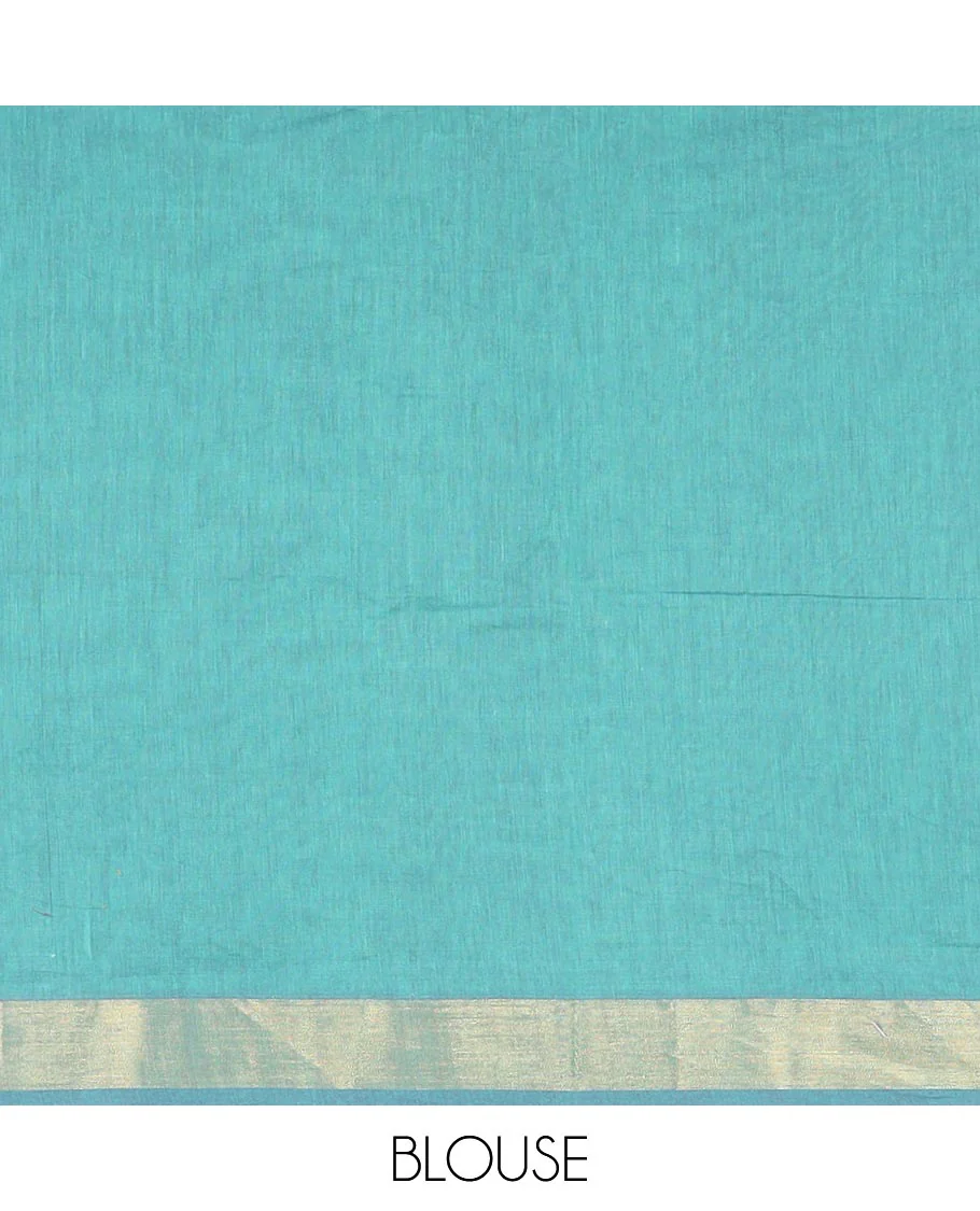 Blue Coimbatore Cotton Saree, Prettified with Stripes and Unique Buttas All Over Its Body, Subtly Zari Border, Complemented by Pallu of Jaal Designs, and Paired with a Contrast Blouse - Image 3