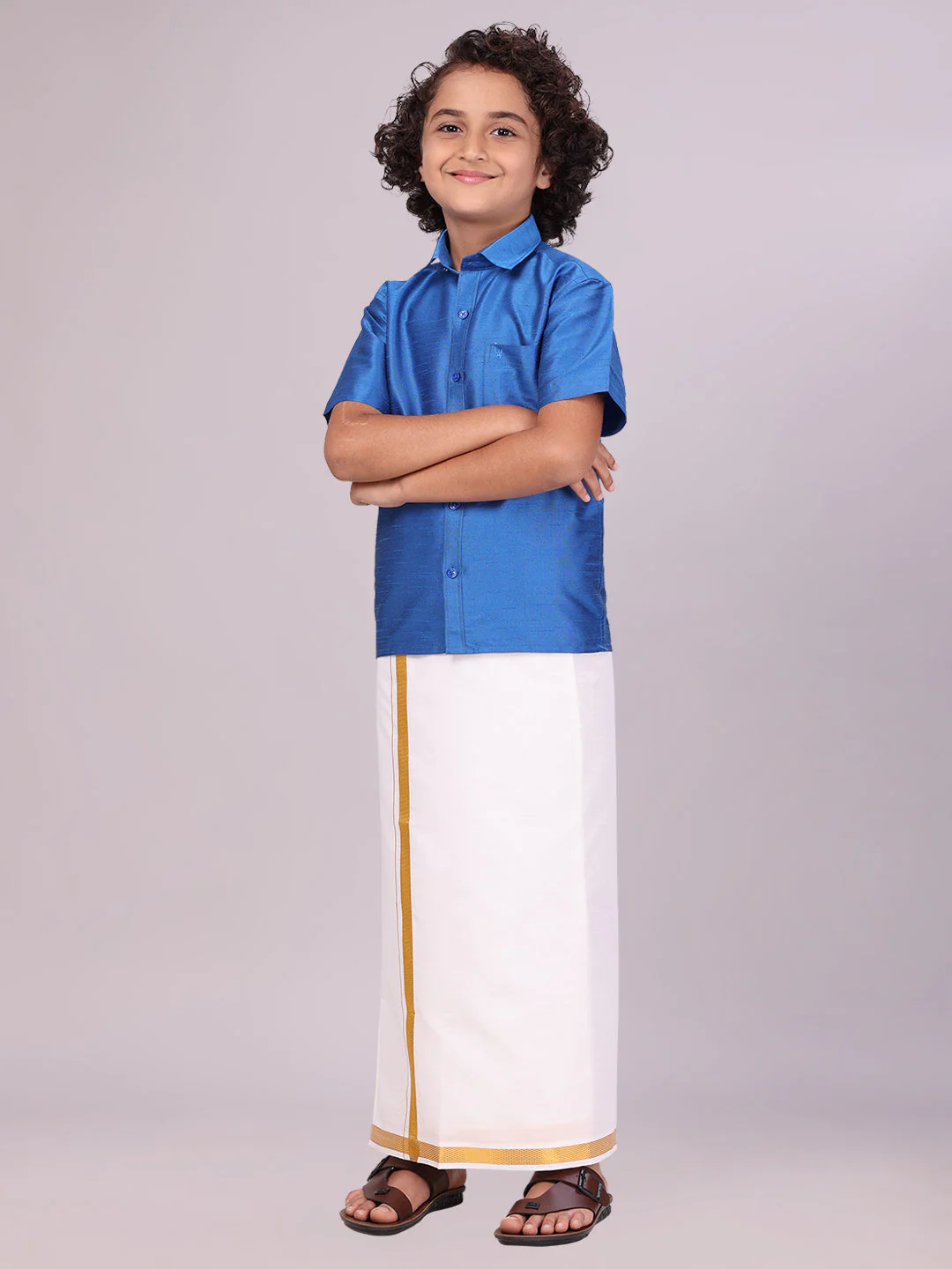Boys Blue Color Half Sleeves Shirt with Gold Jari Flexi Dhoti Adorable Boy - Image 2