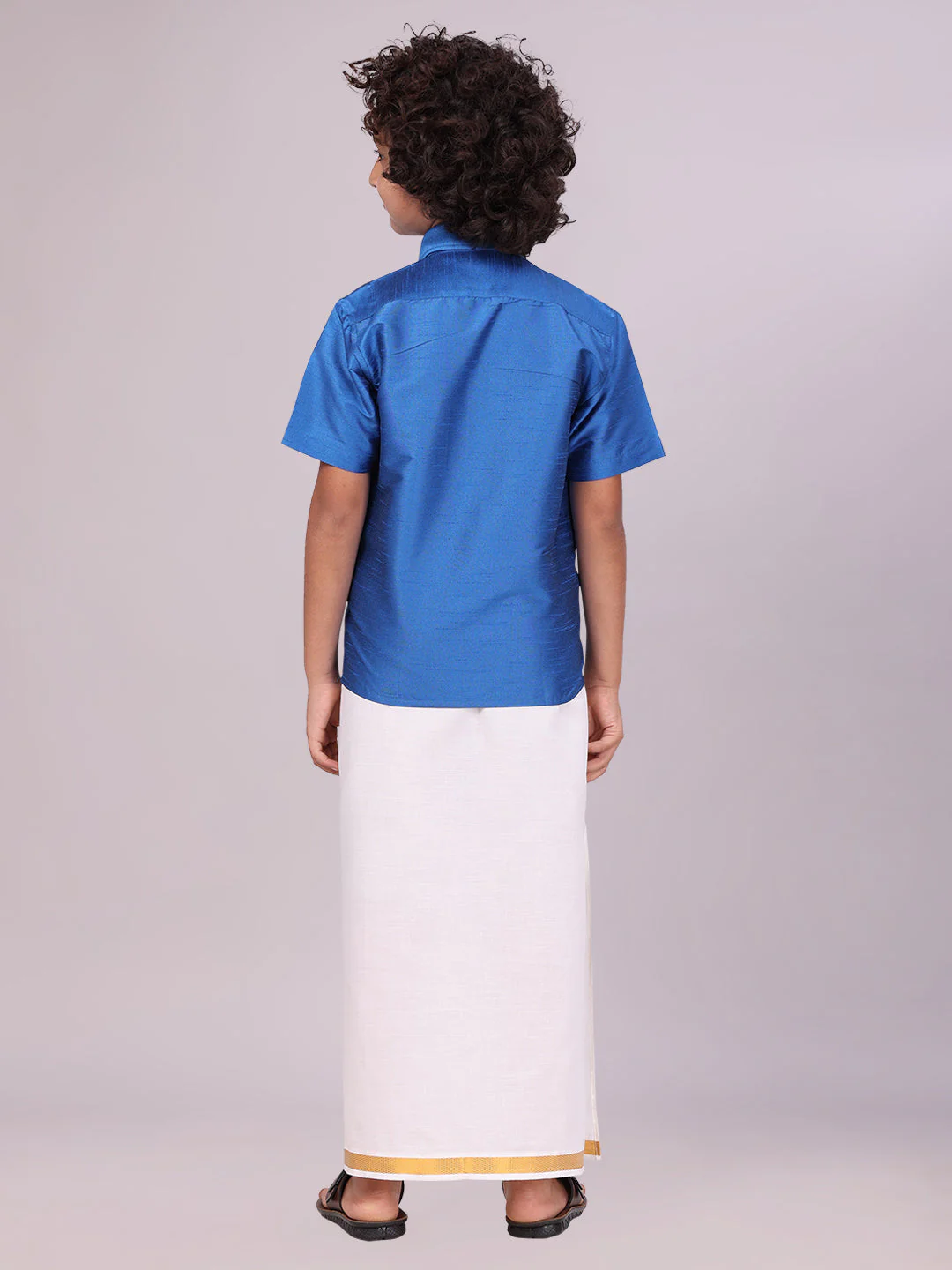 Boys Blue Color Half Sleeves Shirt with Gold Jari Flexi Dhoti Adorable Boy - Image 4