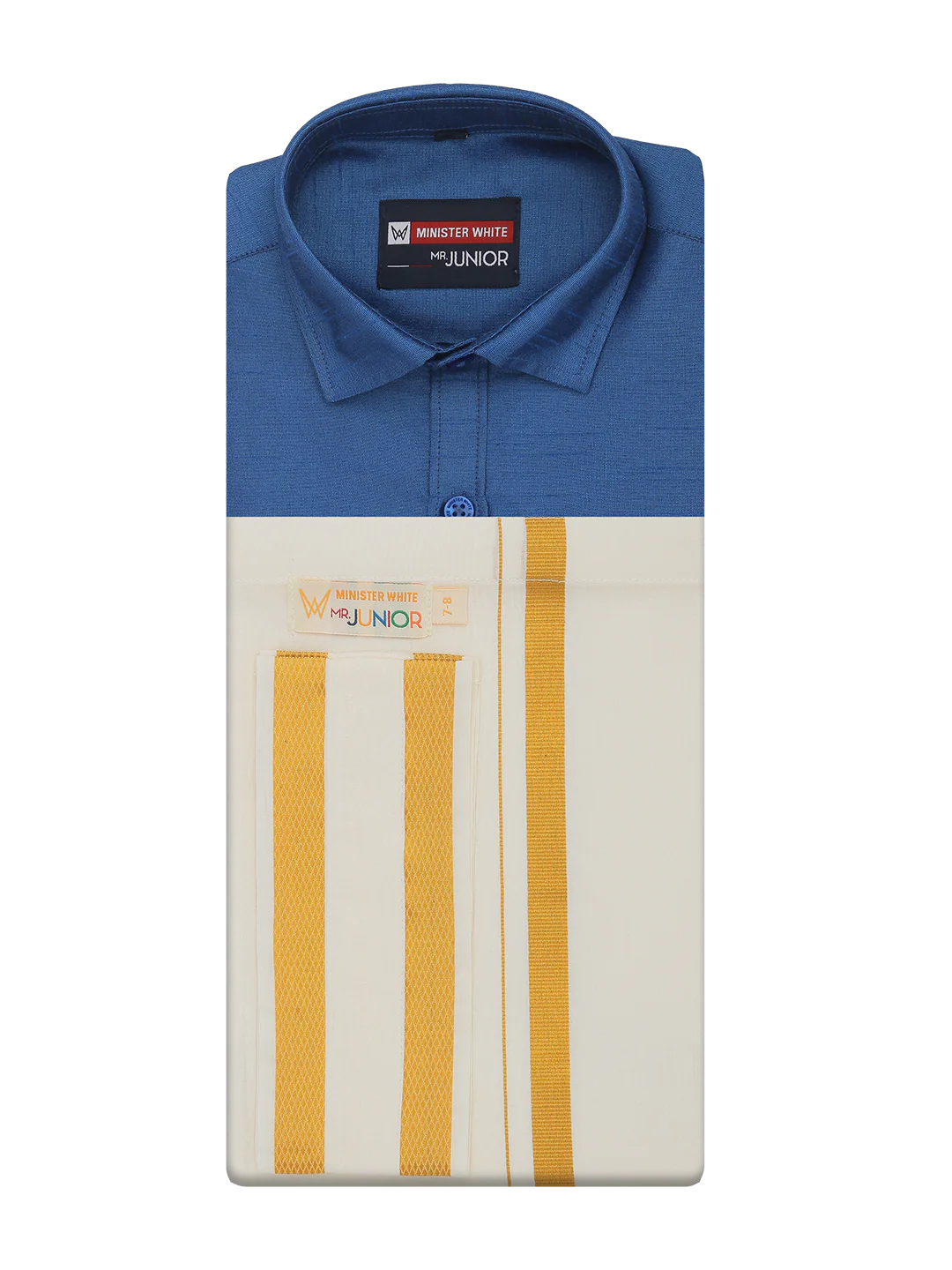 Boys Blue Color Half Sleeves Shirt with Gold Jari Flexi Dhoti Adorable Boy - Image 5