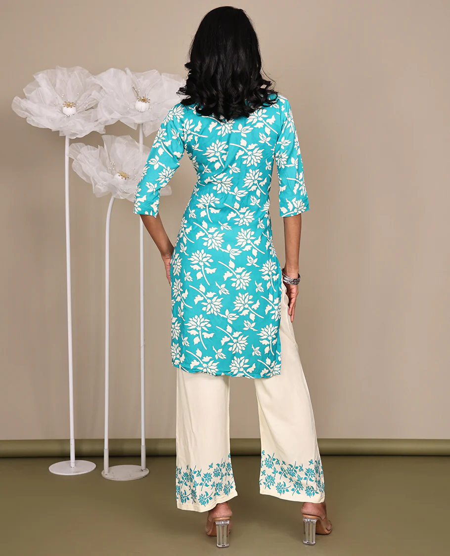 Blue Cotton Ready-Made Suit, Featuring Floral Prints, a Round Neck, 3/4 Sleeves, and a Straight-Cut Top, Paired with Floral Printed Straight-Cut Pants - Image 6