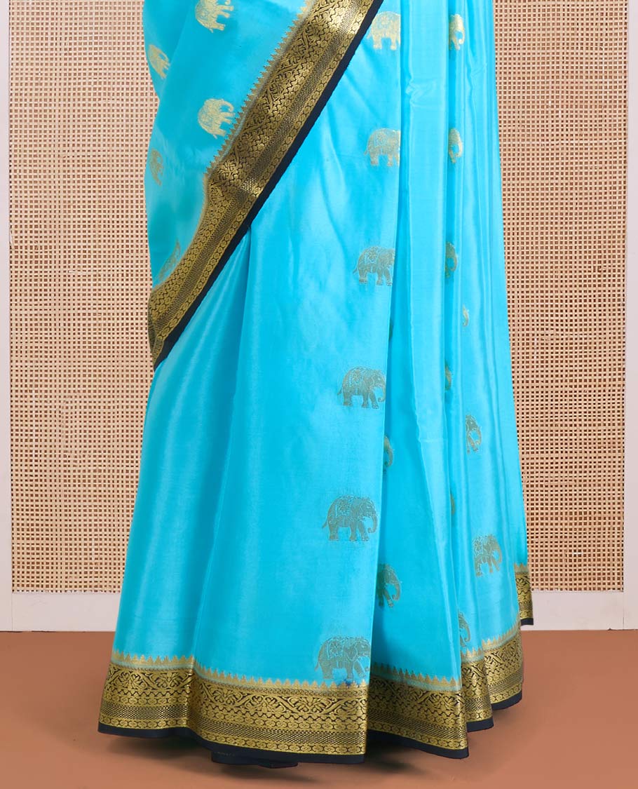 Blue elephant buttas Mysore silk saree, contrast traditional zari border, and pallu of big paisleys - Image 4