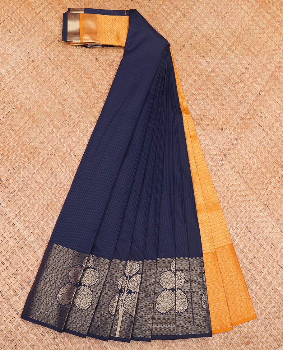 Blue Embossed Budget Silk Saree, Subtly Sparkled with Traditional Zari Border of Floral Motifs, Contrast Grand Jaal Pallu and Paired with a Contrast Blouse - Image 2