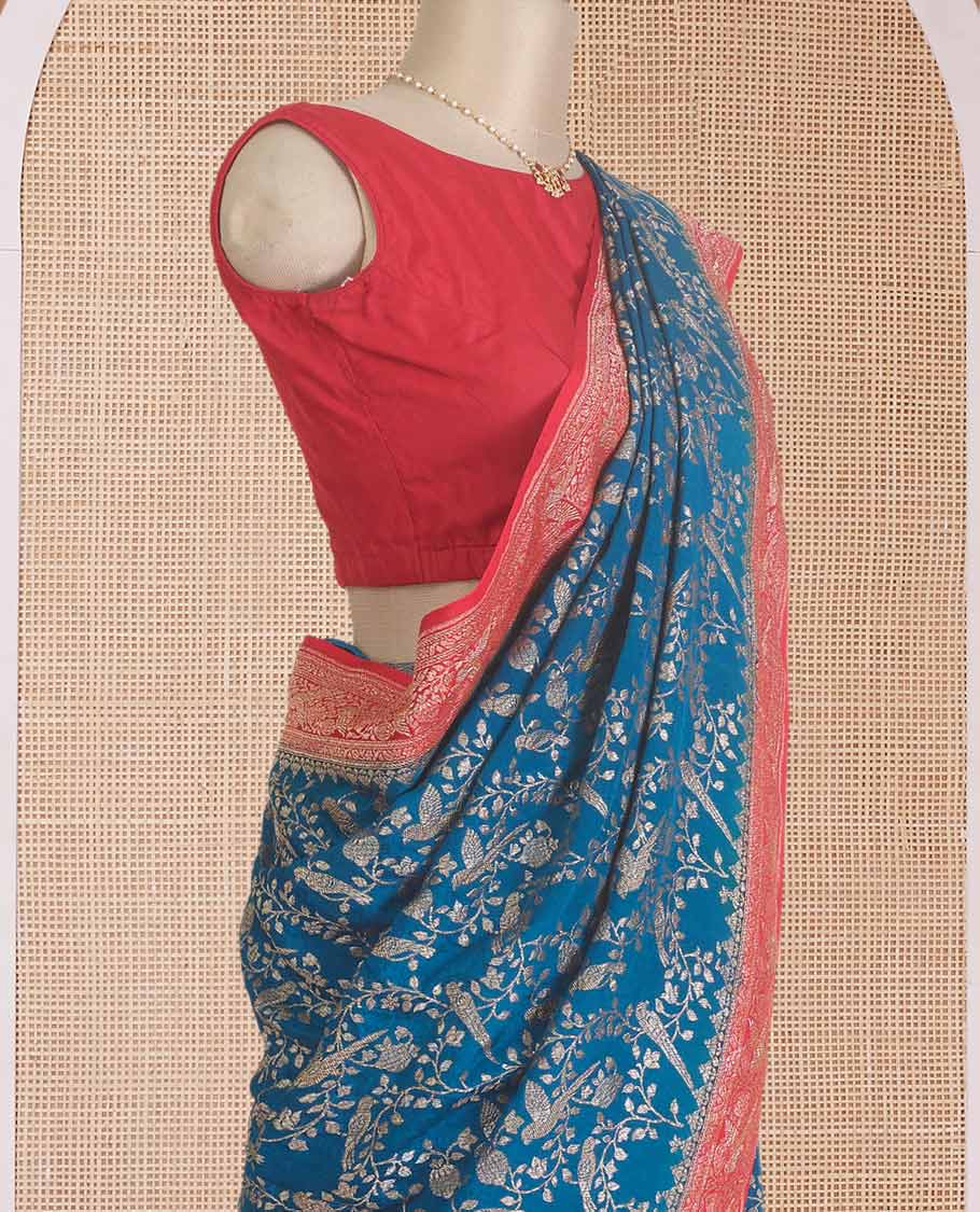 Blue floral and bird jaal jacquard banaras crepe saree, contrast floral and bird jaal zari border, and pallu of Mughal style motifs - Image 3