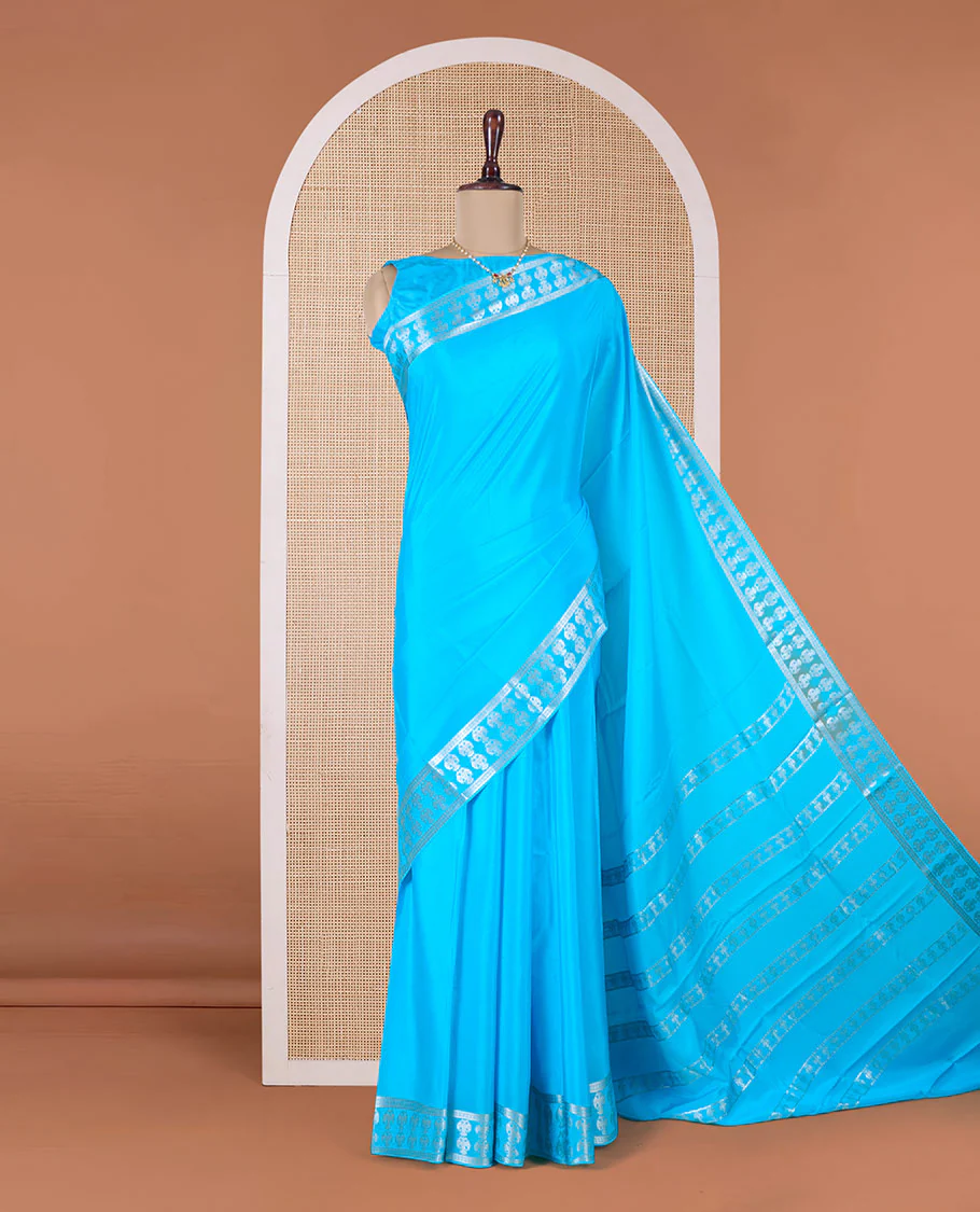 Blue plain Mysore silk saree, two-headed eagle zari woven border, and pallu of two-headed eagle motifs - Image 2