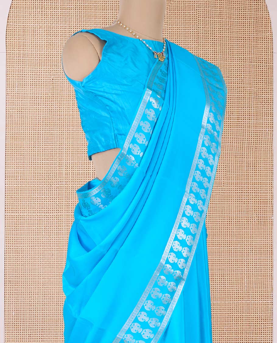 Blue plain Mysore silk saree, two-headed eagle zari woven border, and pallu of two-headed eagle motifs - Image 3