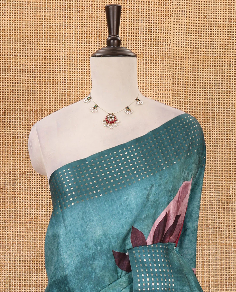 Blue floral-leaf eco-digital printed fancy tussar saree, zari border, pallu of dobby-style buttas & matching blouse of print & zari work - Image 3