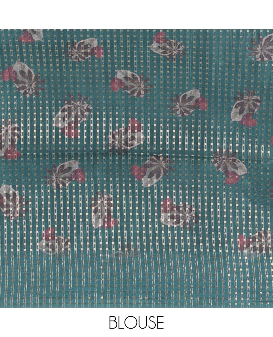 Blue floral-leaf eco-digital printed fancy tussar saree, zari border, pallu of dobby-style buttas & matching blouse of print & zari work - Image 4