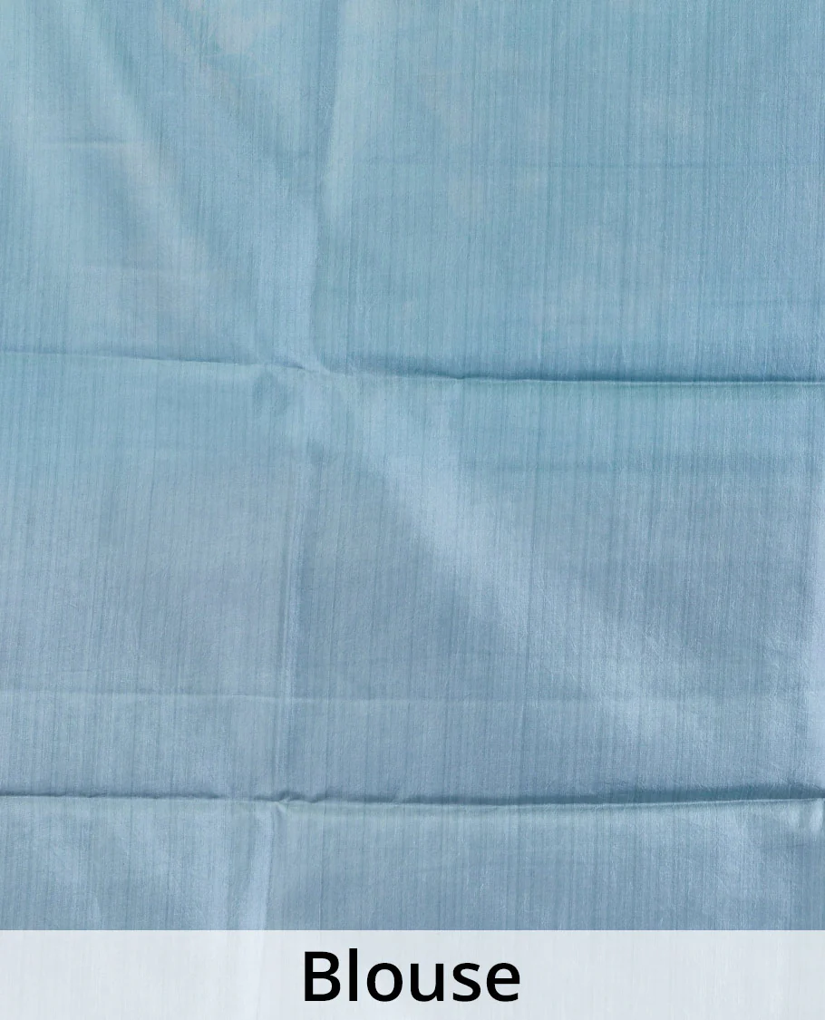 Blue floral vine design printed silk saree, self-border, and contrast pallu of unique print - Image 5