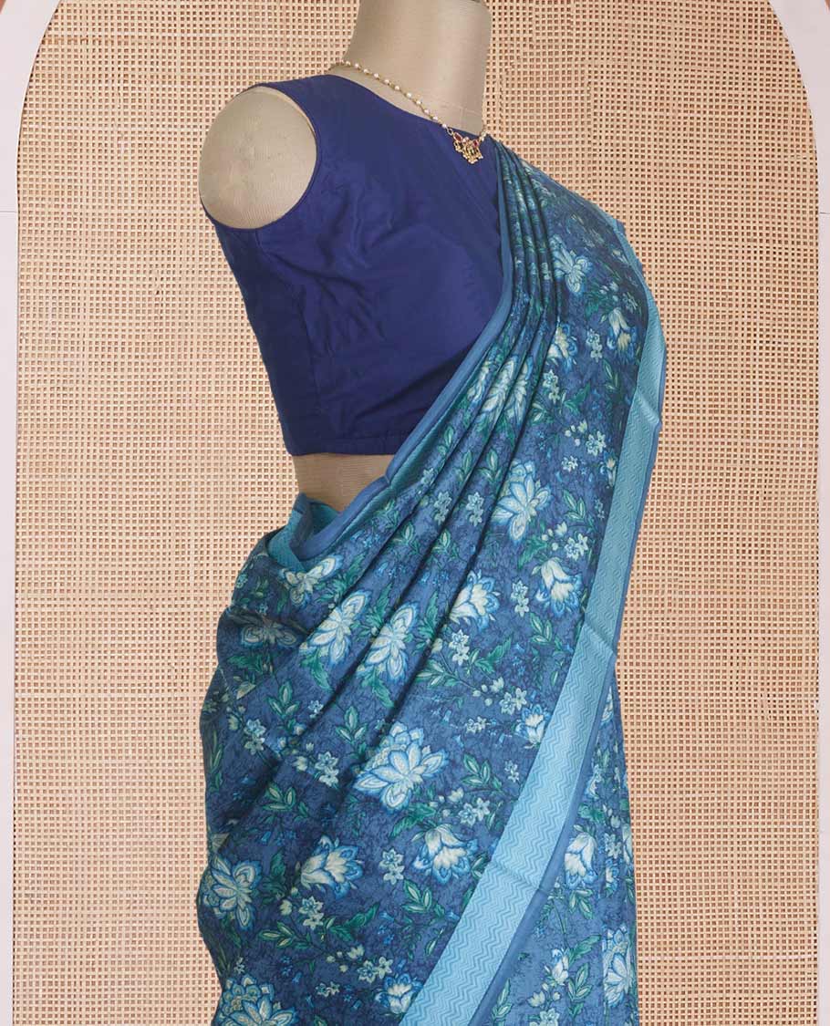 Blue floral vine printed silk saree, contrast border, and pallu of chevron stripes print - Image 3