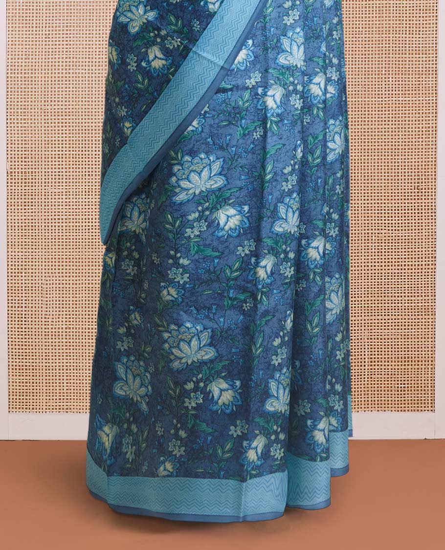 Blue floral vine printed silk saree, contrast border, and pallu of chevron stripes print - Image 4