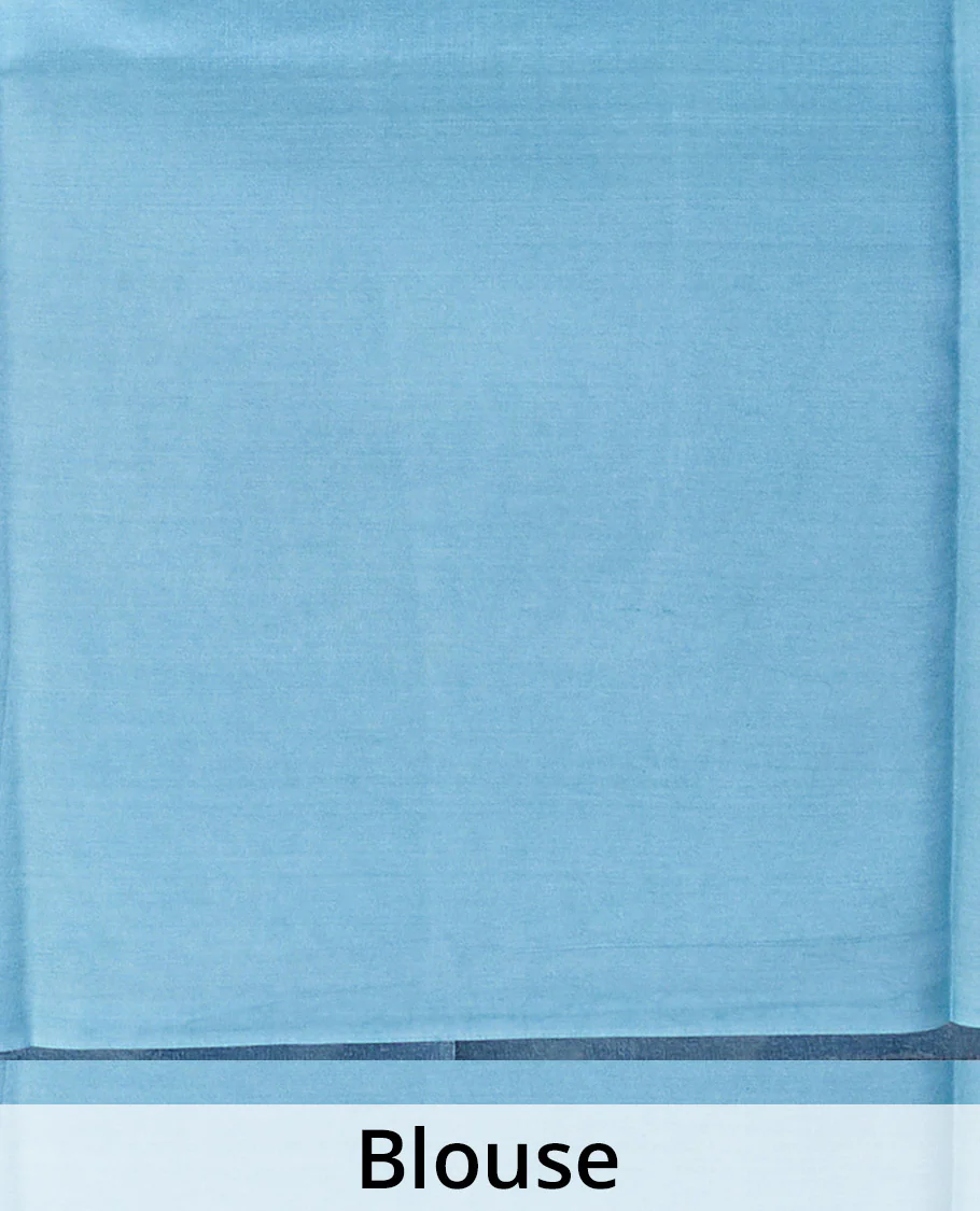 Blue floral vine printed silk saree, contrast border, and pallu of chevron stripes print - Image 5