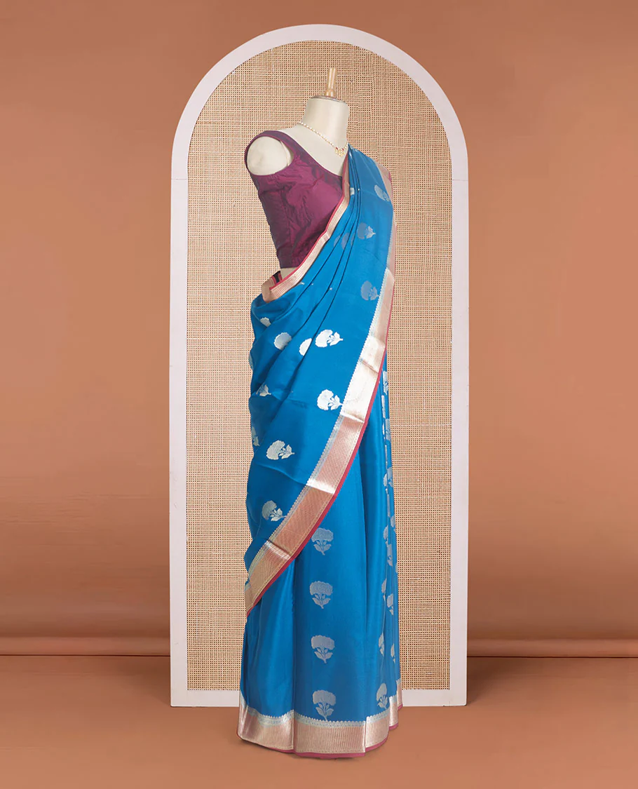 Blue floral zari buttas Mysore silk saree, contrast maroon traditional zari border, and pallu of jaal pattern