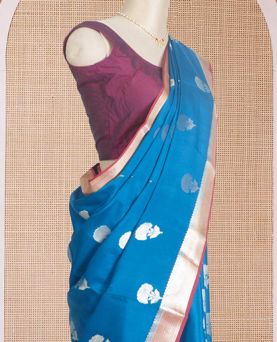 Blue floral zari buttas Mysore silk saree, contrast maroon traditional zari border, and pallu of jaal pattern - Image 3