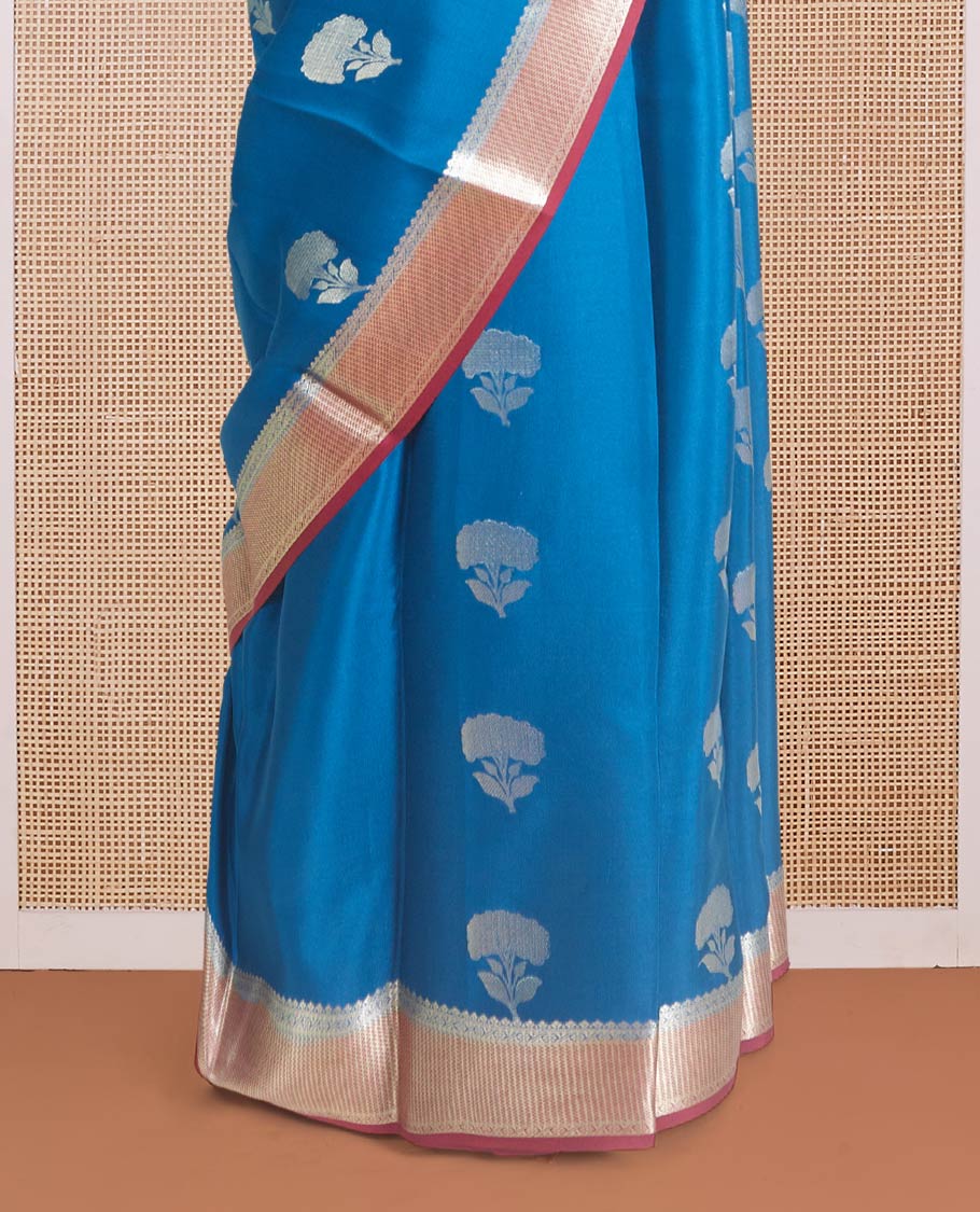 Blue floral zari buttas Mysore silk saree, contrast maroon traditional zari border, and pallu of jaal pattern - Image 4