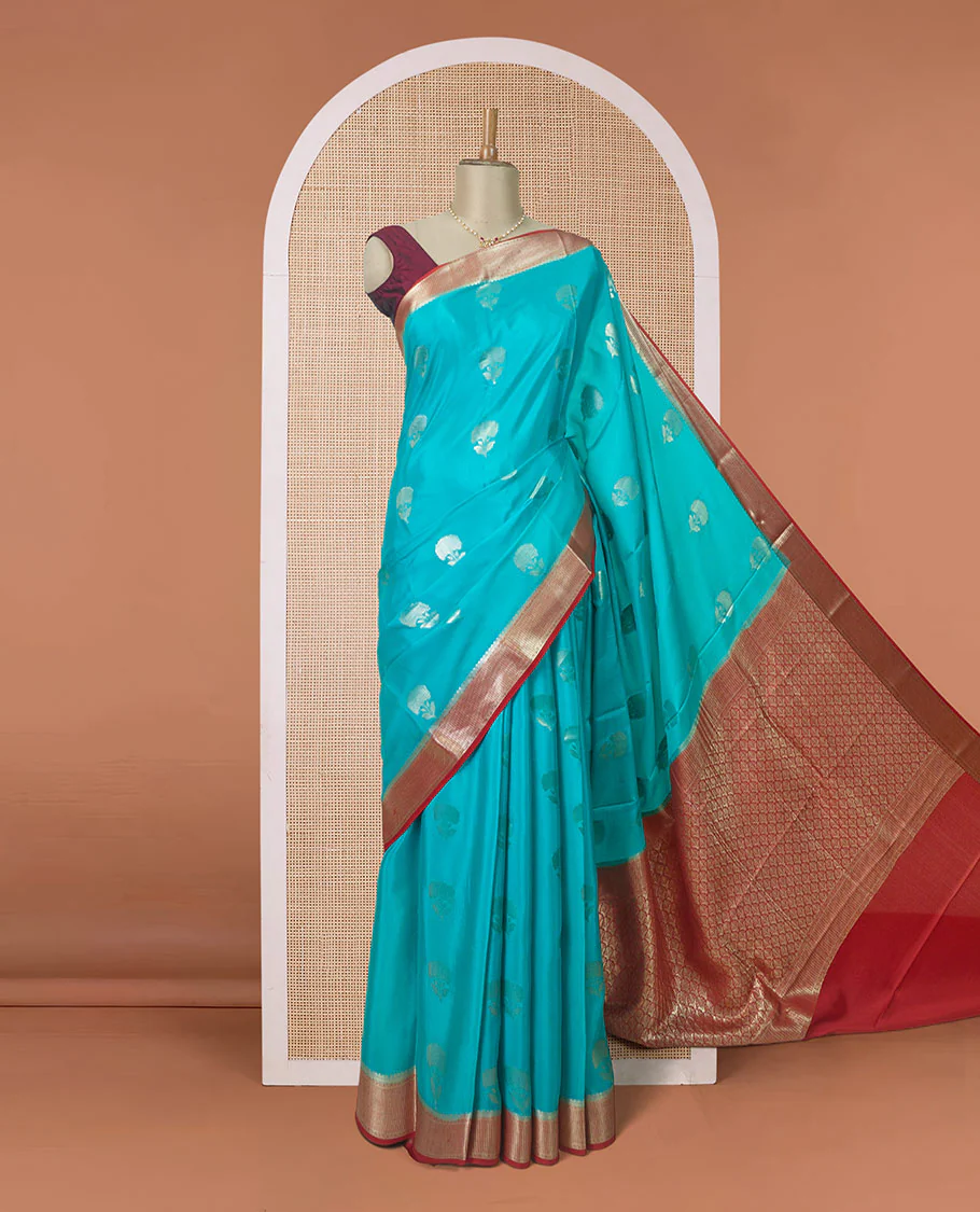 Blue floral zari buttas Mysore silk saree, contrast traditional zari border, and pallu of jaal pattern - Image 2