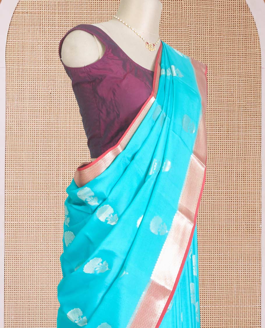 Blue floral zari buttas Mysore silk saree, contrast traditional zari border, and pallu of jaal pattern - Image 3