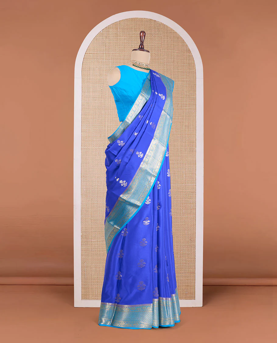 Blue floral zari buttas Mysore silk saree, contrast traditional zari design border, and jaal pallu