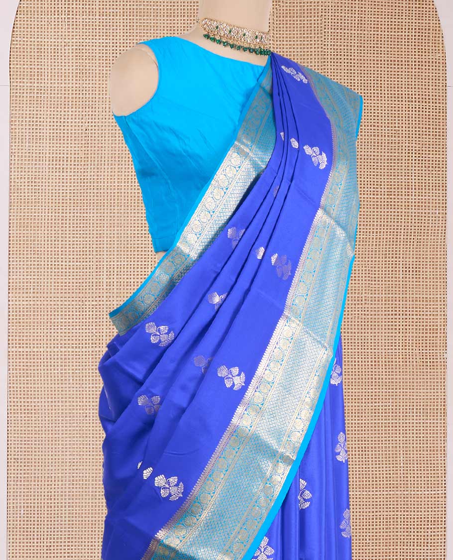 Blue floral zari buttas Mysore silk saree, contrast traditional zari design border, and jaal pallu - Image 3