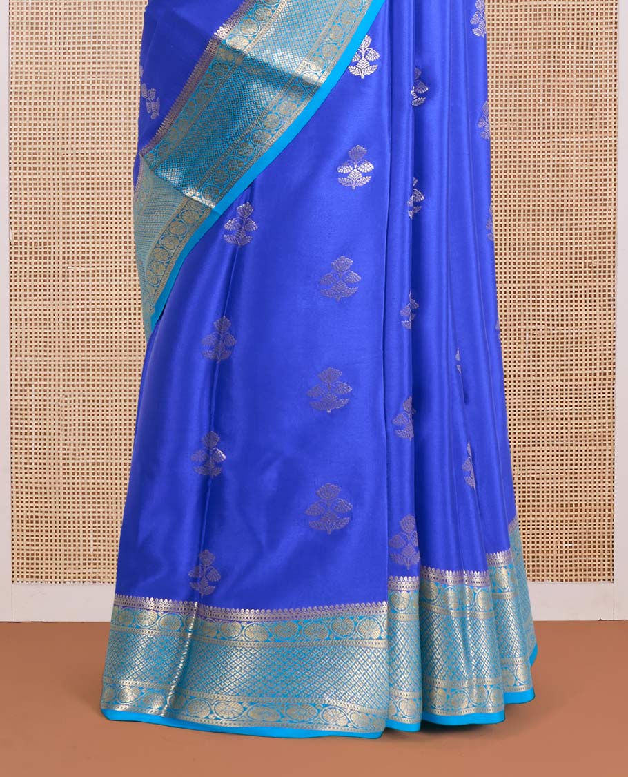 Blue floral zari buttas Mysore silk saree, contrast traditional zari design border, and jaal pallu - Image 4
