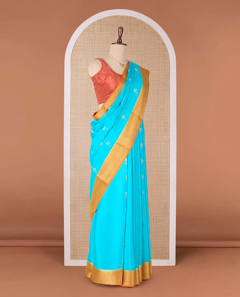 Blue floral zari buttas woven Mysore silk saree, contrast traditional zari border, and pallu of jaal design