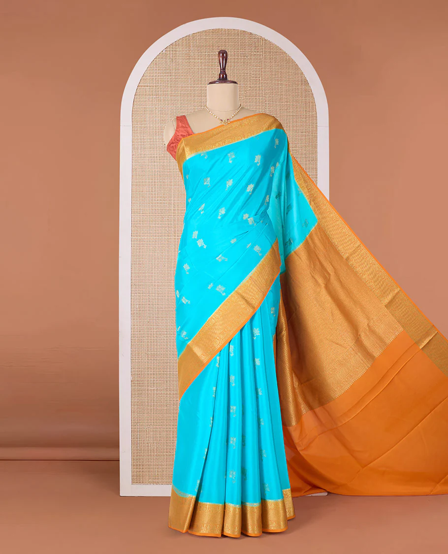 Blue floral zari buttas woven Mysore silk saree, contrast traditional zari border, and pallu of jaal design - Image 2