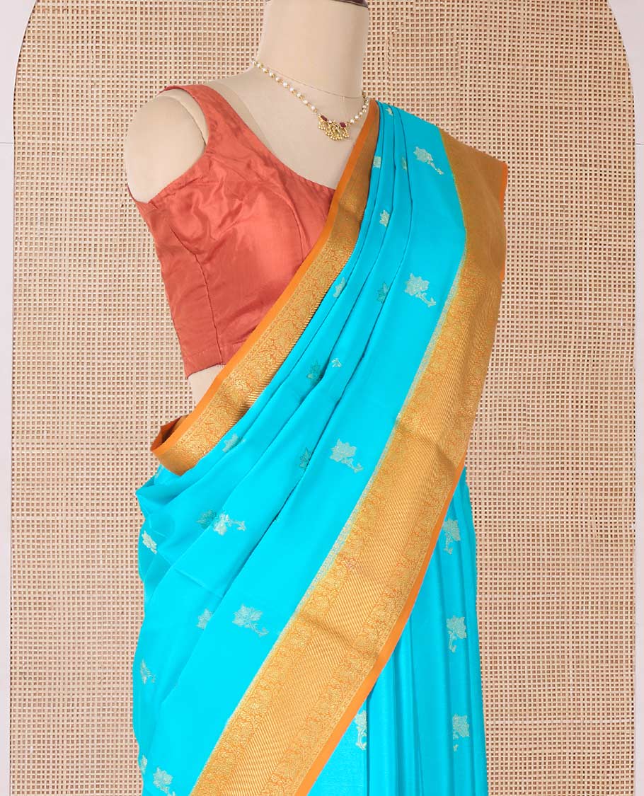 Blue floral zari buttas woven Mysore silk saree, contrast traditional zari border, and pallu of jaal design - Image 3