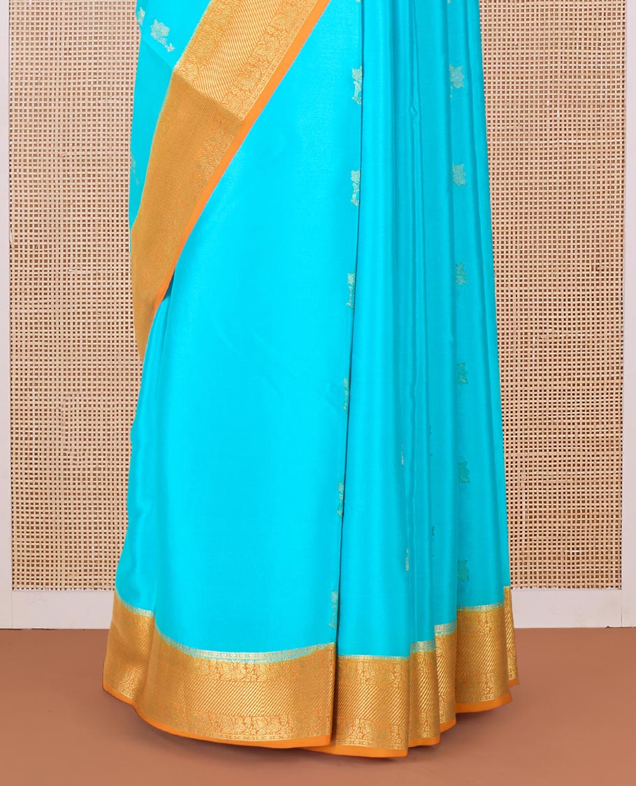 Blue floral zari buttas woven Mysore silk saree, contrast traditional zari border, and pallu of jaal design - Image 4
