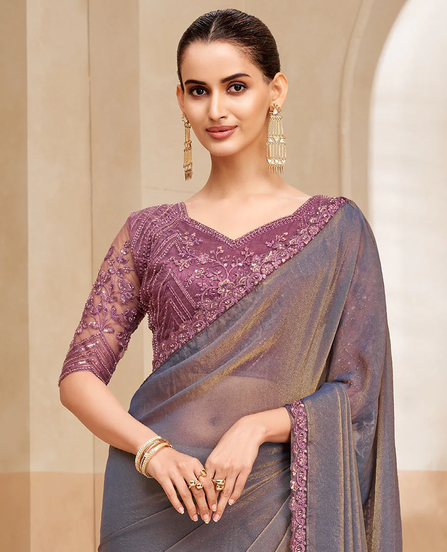 Blue-grey plain designer saree, contrast paisleys embroidered scallop border - Image 2