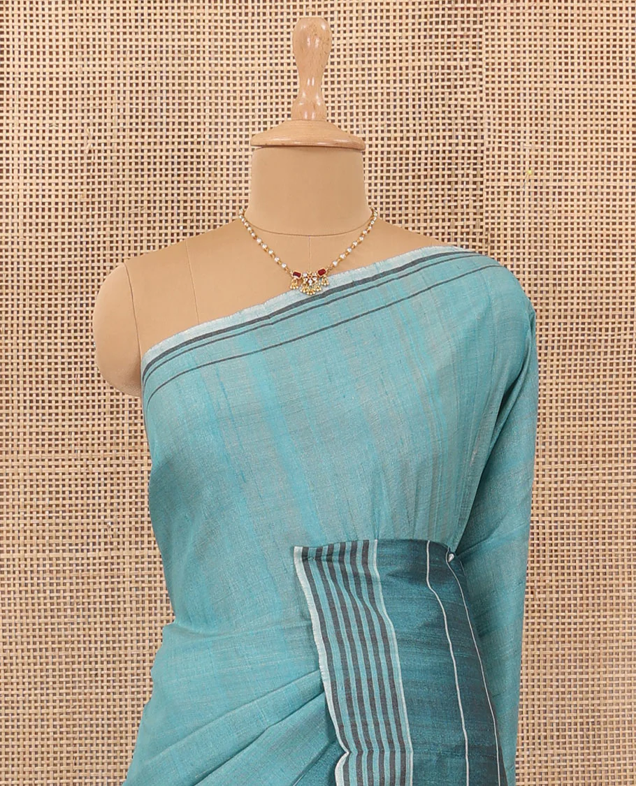 Blue heathered tussar silk saree, contrast striped border, and contrast striped pallu - Image 3
