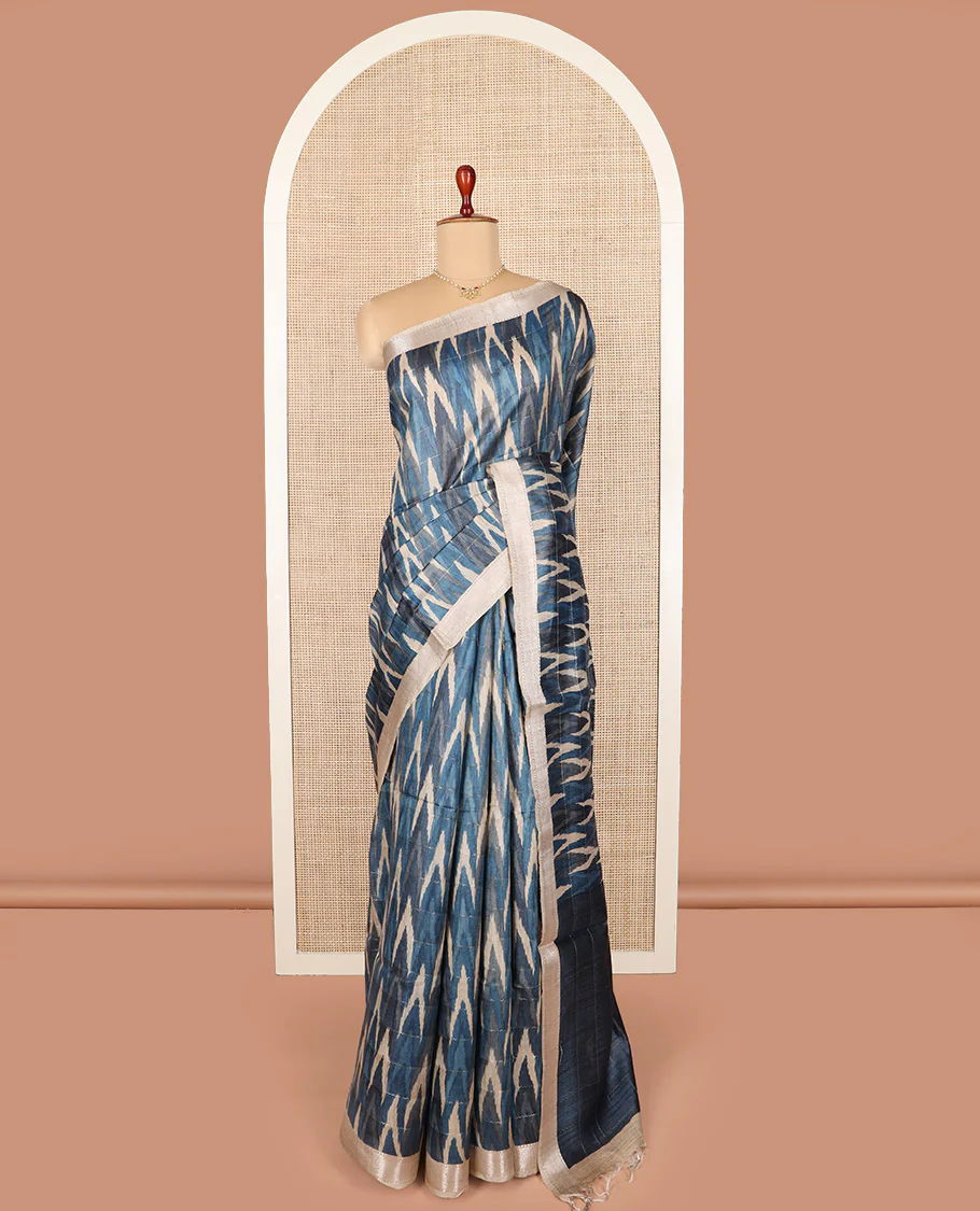 Blue ikkat chevorn design printed tussar silk saree, chevron striped border, and contrast striped pallu - Image 2