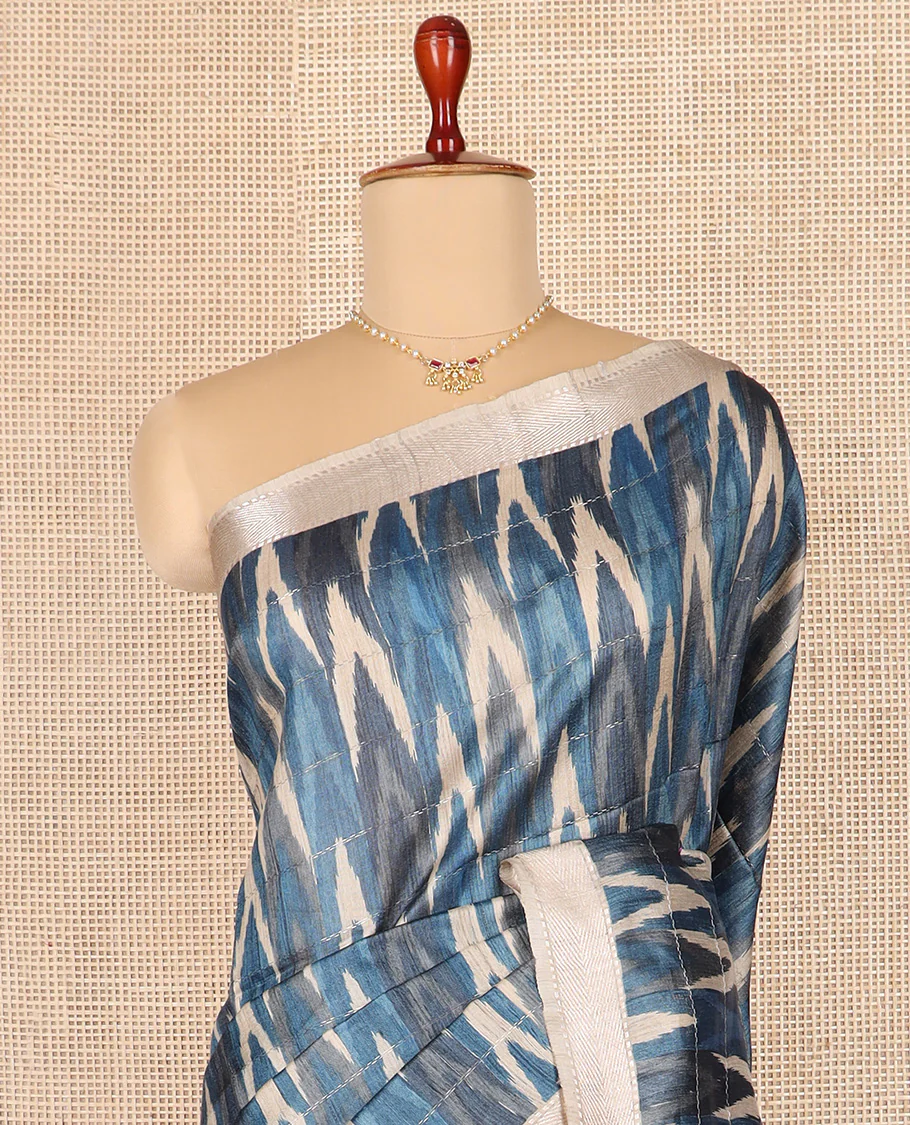 Blue ikkat chevorn design printed tussar silk saree, chevron striped border, and contrast striped pallu - Image 3