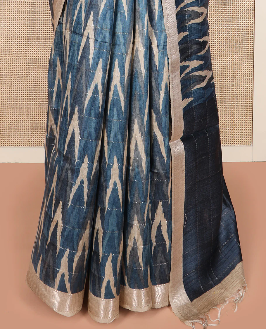 Blue ikkat chevorn design printed tussar silk saree, chevron striped border, and contrast striped pallu - Image 4