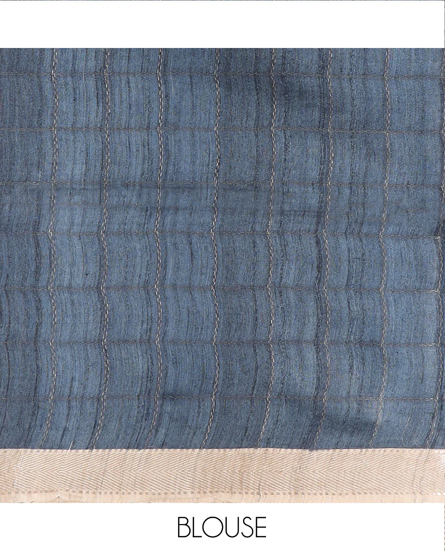 Blue ikkat chevorn design printed tussar silk saree, chevron striped border, and contrast striped pallu - Image 5