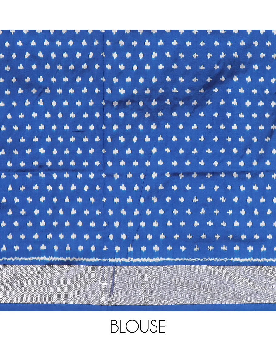 Blue Ikkat Silk Saree Colourfully Woven in Floral Buttas Across the Body, Featuring a Zari Border, a Pallu Adorned with Ikkat Weave, and Paired with a Matching Blouse - Image 6