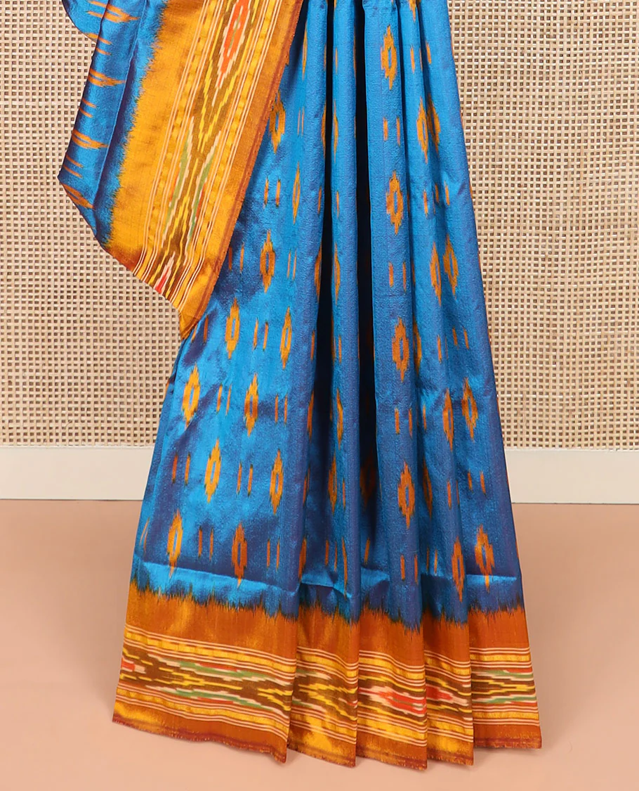 Blue Ikkat Silk Saree Enlivened with Ikkat Buttas, Featuring a Contrast Ikkat-Textured Border and a Pallu Steeped in Ikkat Textures and Stripes - Image 3