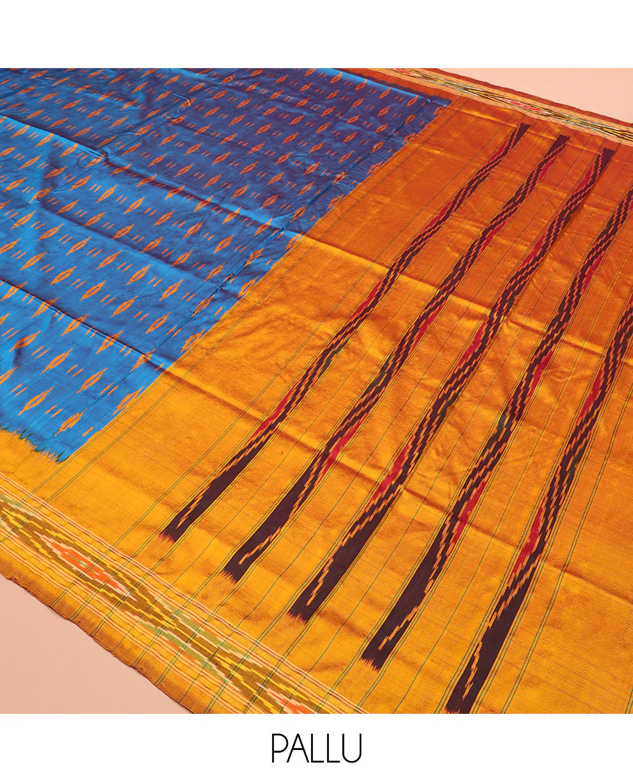 Blue Ikkat Silk Saree Enlivened with Ikkat Buttas, Featuring a Contrast Ikkat-Textured Border and a Pallu Steeped in Ikkat Textures and Stripes - Image 5