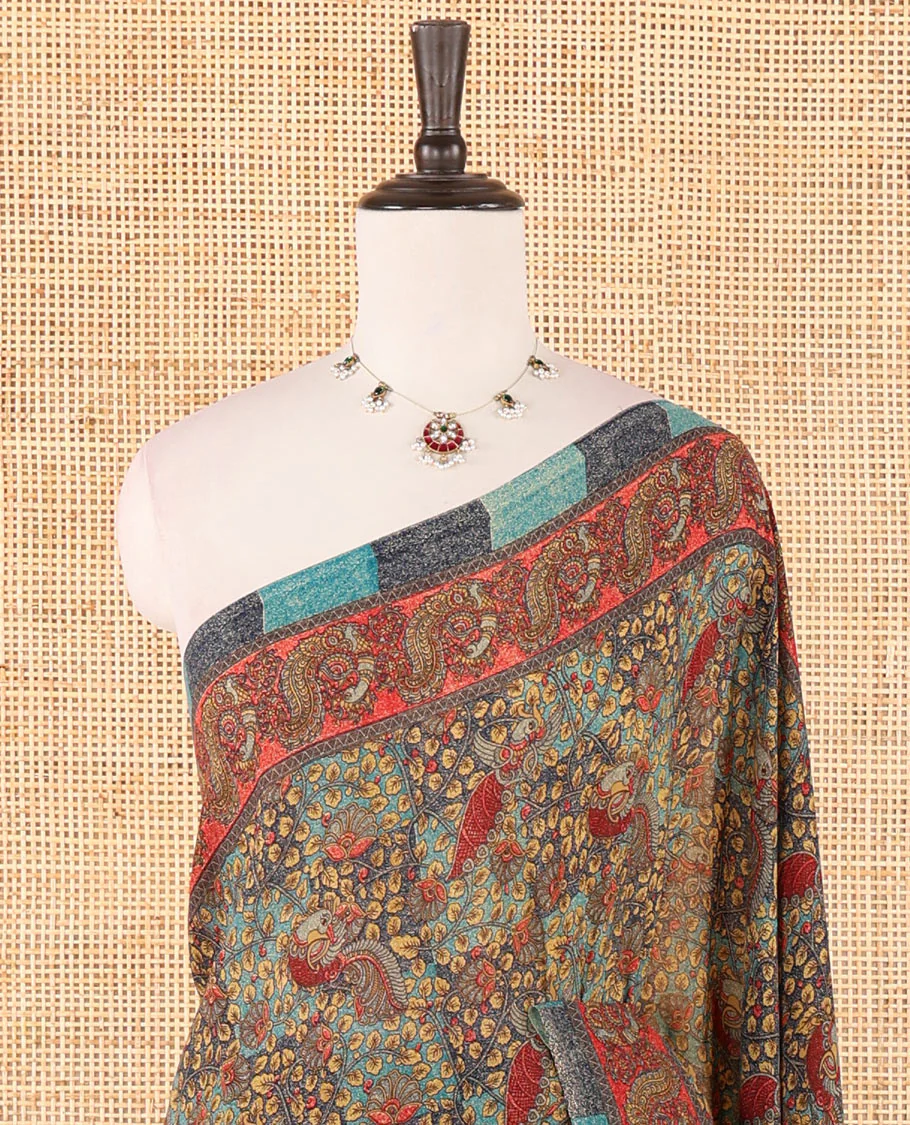 Blue intricate floral & bird printed kimaya saree, peacock printed border, printed pallu & contrast printed blouse - Image 3