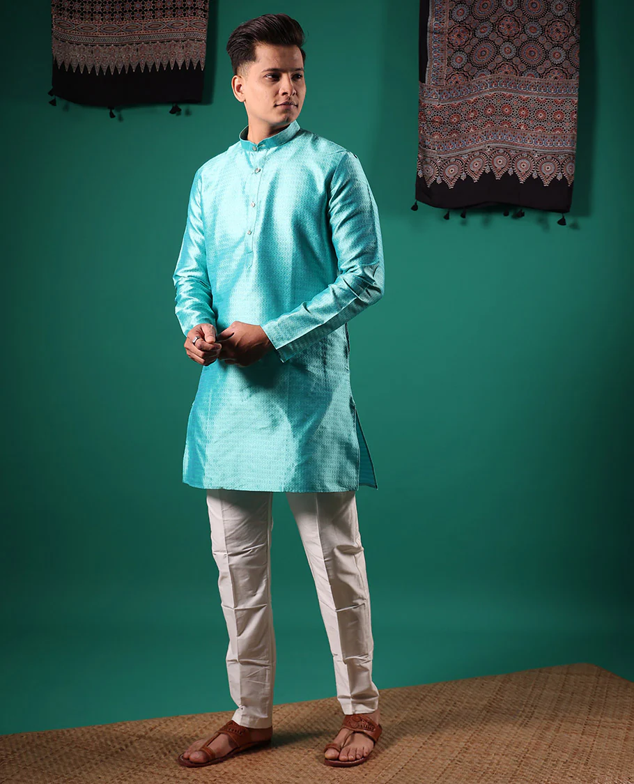 Blue intricate patterns embossed full-sleeved men's kurta