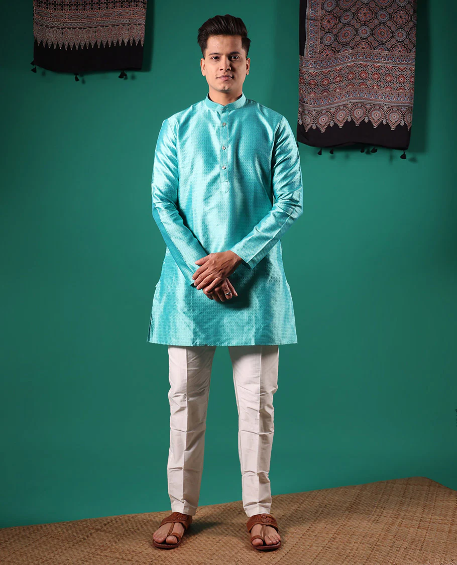 Blue intricate patterns embossed full-sleeved men's kurta - Image 2