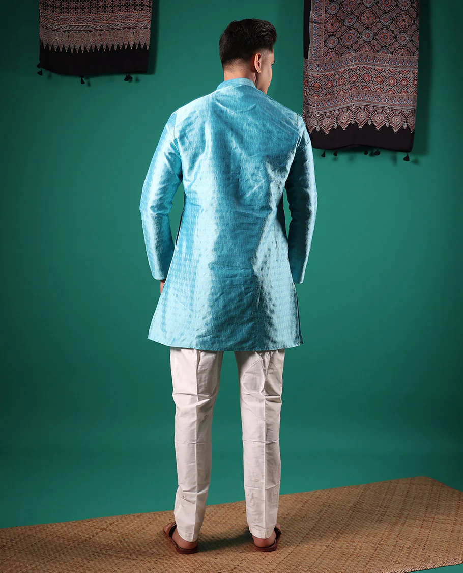 Blue intricate patterns embossed full-sleeved men's kurta - Image 5