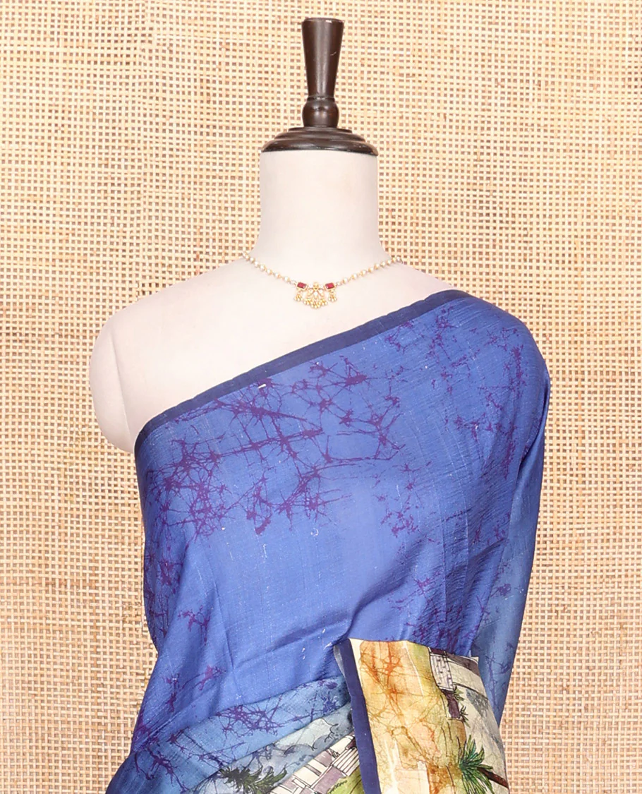 Blue island theme motifs batik printed saree features coconut trees, sea shore and boat motifs - Image 2